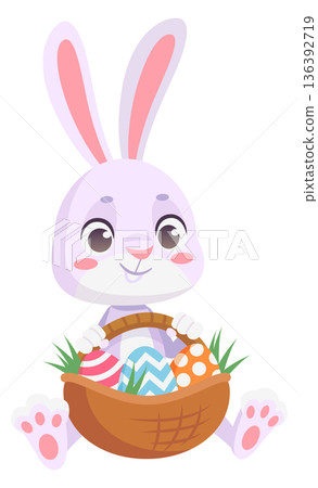 Easter bunny with egg hunt basket cartoon character 136392719