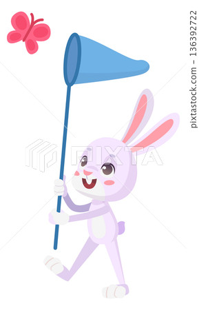 Rabbit catch butterflies. Summer joy. Happy animal 136392722