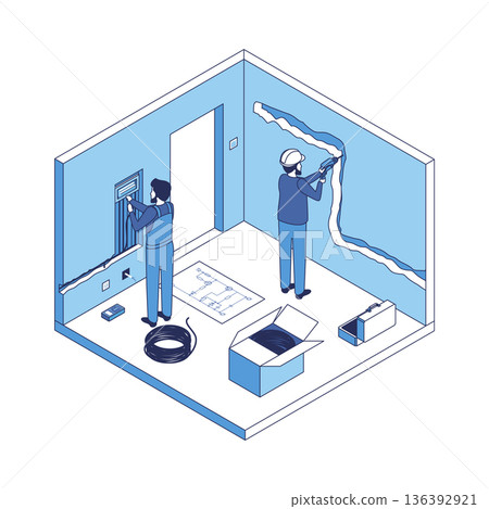 Cartoon Color Laying Communications House Construction Concept 3d Isometric View Line Elements. Vector illustration of Renovation or Fixing Service Cartoon Color Laying Communications House Construction Concept 3d Isometric View Line Elements. Vector illustration of Renovation or Fixing Service 136392921