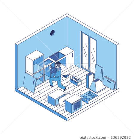 Cartoon Color Furniture Assembly House Construction Concept 3d Isometric View Line Elements. Vector illustration of Renovation or Fixing Service 136392922