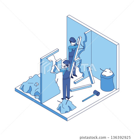 Cartoon Color Dismantling Works House Construction Concept 3d Isometric View Line Elements. Vector illustration of Renovation or Fixing Service 136392925