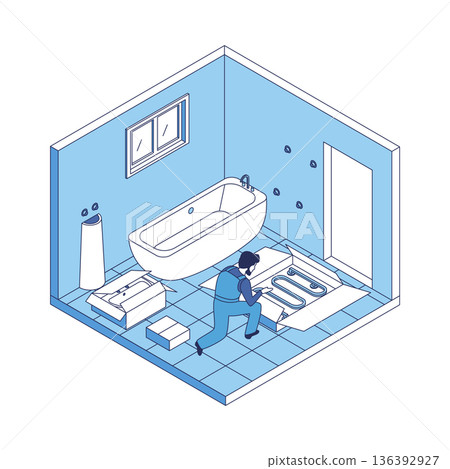 Cartoon Color Bath Installation House Construction Concept 3d Isometric View Line Elements. Vector illustration of Renovation or Fixing Service 136392927