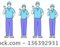 一組簡單的線條畫向量插圖，描繪了面帶微笑的男女工人擊拳慶祝的全身像。 136392931