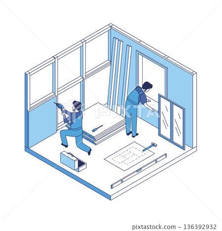 Cartoon Color Wall and Window House Construction Concept 3d Isometric View Line Elements. Vector illustration of Renovation or Fixing Service 136392932