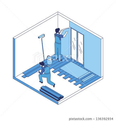 Cartoon Color Floor Screed House Construction Concept 3d Isometric View Line Elements. Vector illustration of Renovation or Fixing Service 136392934