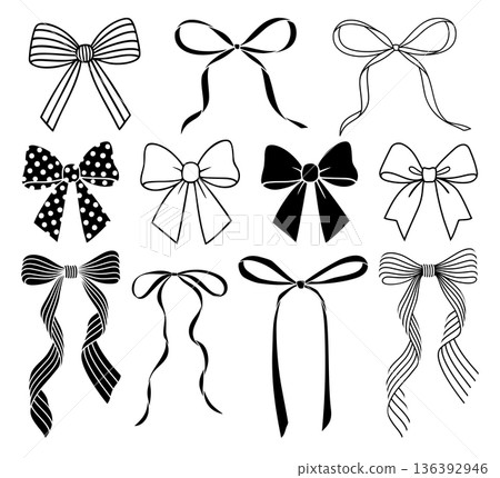 Set of hand drawn decorative ribbon bows in black and white line art style 136392946