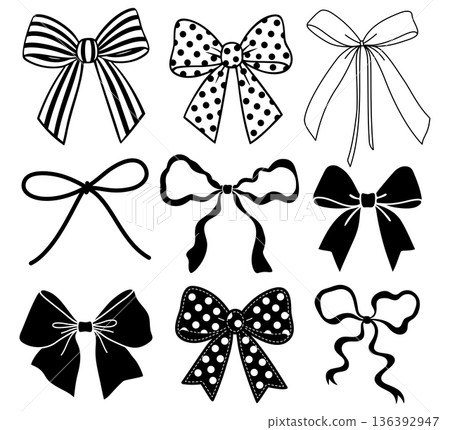 Set of hand drawn decorative ribbon bows in black and white line art style 136392947