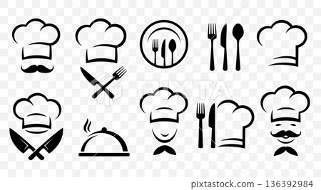 Reastaurant food set icons, smiling cook with chef hat, fork and knife, dish and plate 136392984