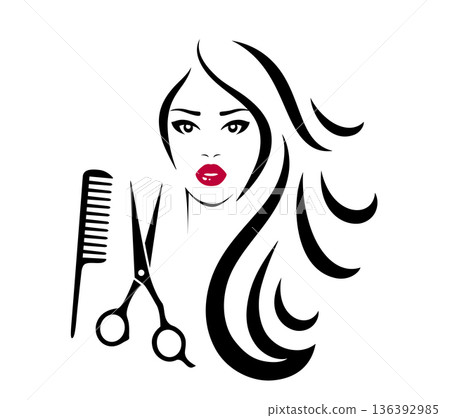 Hair salon sign with scissors and woman with long hair, haircut Hair salon sign with scissors and woman with long hair, haircut 136392985