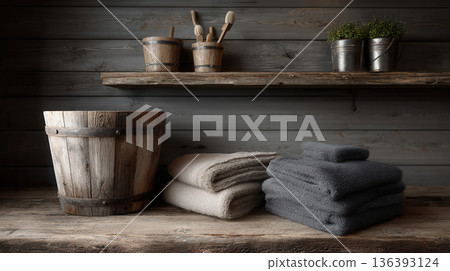 sauna interior with wooden hygiene 136393124
