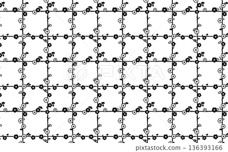 Seamless monochrome Japanese pattern. Red and white plum blossoms on a lattice pattern. Seamless monochrome Japanese pattern. Red and white plum blossoms on a lattice pattern. 136393166