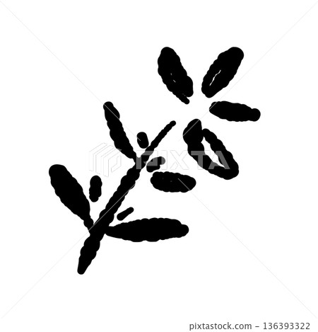 Monochrome illustration of curved thyme leaves. Silhouette of herbs in motion. Monochrome illustration of curved thyme leaves. Silhouette of herbs in motion. 136393322