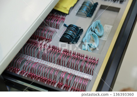 Phoropter for eye test, lenses glasses for eye check in optical store.  136393360