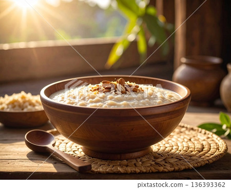 A large wooden bowl of thick sishwala porridge sits on woven mat under bright morning sun. 136393362