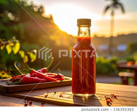 Bottle of spicy peri peri sauce made from local bird eye chilies sits on restaurant table. Bottle of spicy peri peri sauce made from local bird eye chilies sits on restaurant table. 136393363