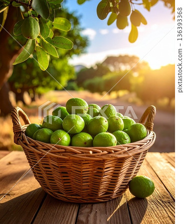 Large woven basket filled with ripe marula fruits sits in shade of tree during harvest season. Large woven basket filled with ripe marula fruits sits in shade of tree during harvest season. 136393368