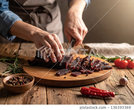 Person carefully slices pieces of umncweba dried beef on wooden board in rustic kitchen setting indoors. Person carefully slices pieces of umncweba dried beef on wooden board in rustic kitchen setting indoors. 136393369