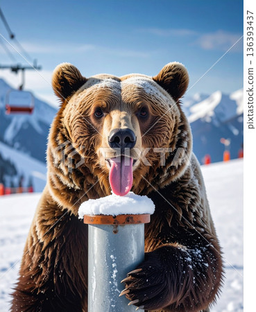 A curious grizzly bear gets its tongue stuck to a frozen metal pole near a ski lift. 136393437