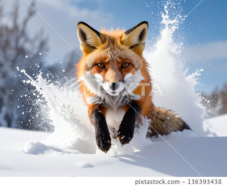 A fox dives headfirst into deep snow but only its back legs remain sticking straight up. A fox dives headfirst into deep snow but only its back legs remain sticking straight up. 136393438