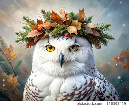A grumpy snowy owl wears a funny makeshift hat made from dried leaves and pine branches. 136393439