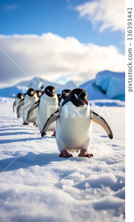 A line of penguins walks carefully on ice until the last one dramatically slips and falls over. A line of penguins walks carefully on ice until the last one dramatically slips and falls over. 136393441