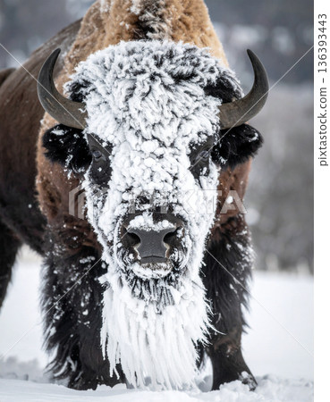 A massive bison stands with a huge comical beard made entirely of accumulated snow and ice. A massive bison stands with a huge comical beard made entirely of accumulated snow and ice. 136393443