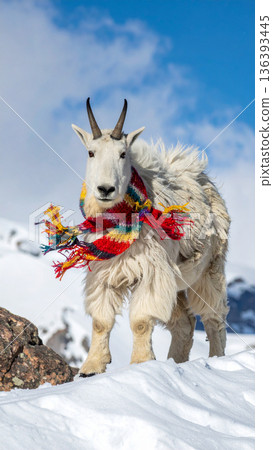 A mountain goat stands on a snowy peak wearing a colorful knitted scarf that is blowing wildly. A mountain goat stands on a snowy peak wearing a colorful knitted scarf that is blowing wildly. 136393445