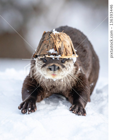 A playful river otter wears a makeshift helmet of bark while sliding down a snowy embankment. A playful river otter wears a makeshift helmet of bark while sliding down a snowy embankment. 136393446