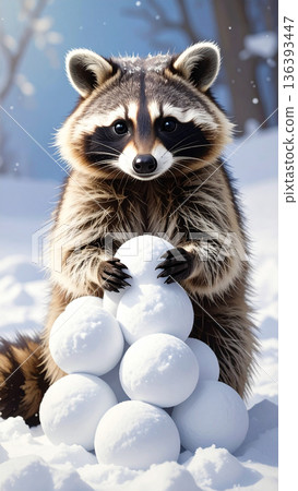 A raccoon sits with a pile of perfectly round snowballs, looking like it is selling them. 136393447