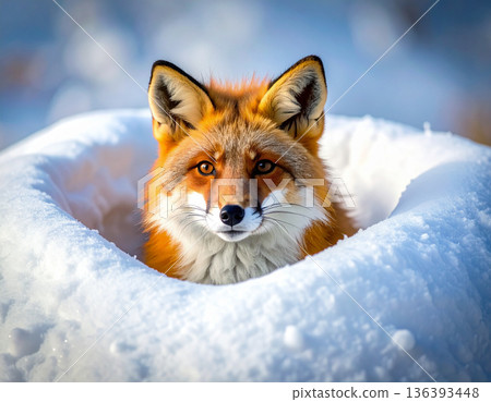 A red fox is humorously stuck headfirst in a deep snowdrift with only its fluffy tail visible. 136393448