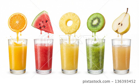 Glasses of fruit juice. Agriculture and healthy food concept. World Vegan Day Glasses of fruit juice. Agriculture and healthy food concept. World Vegan Day 136393452