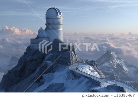 Astronomers assembling a state-of-the-art telescope on top of a rugged mountain peak. 136393467