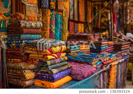 A vibrant Guinean market stall overflowing with colorful textiles, intricate patterns and fabrics, displaying artistic craftsmanship. A vibrant Guinean market stall overflowing with colorful textiles, intricate patterns and fabrics, displaying artistic craftsmanship. 136393524