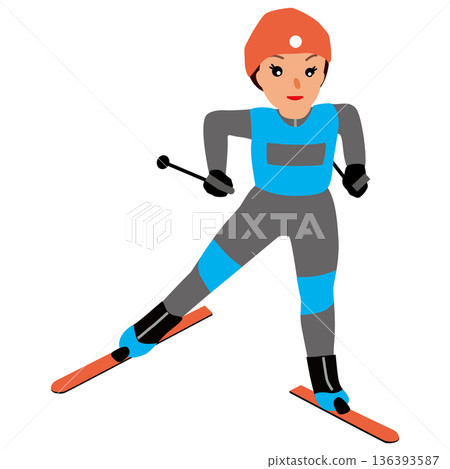 Illustration of a woman competing in a winter sports competition: cross-country skiing 01 136393587