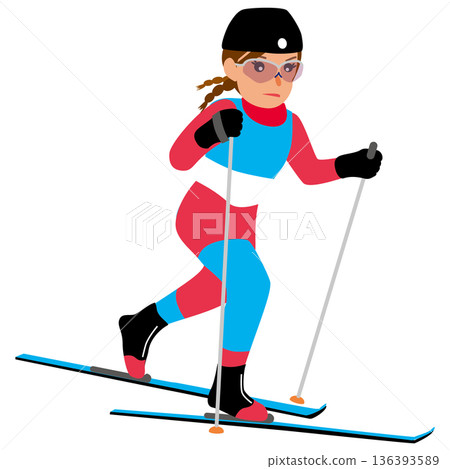 一位女性參加冬季運動比賽的插圖-越野滑雪 02 一位女性參加冬季運動比賽的插圖-越野滑雪 02 136393589