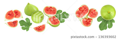 Ripe green fig fruit isolated on white background with full depth of field. Top view. Flat lay. Ripe green fig fruit isolated on white background with full depth of field. Top view. Flat lay. 136393602