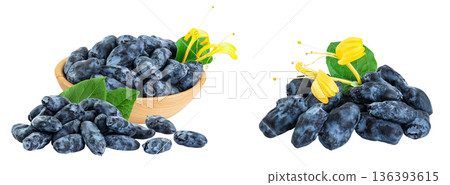 Fresh honeysuckle blue berry in wooden bowl isolated on white background with full depth of field 136393615