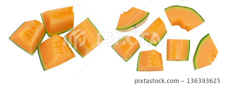 Cantaloupe melon slices isolated on white background with full depth of field. Top view. Flat lay 136393625