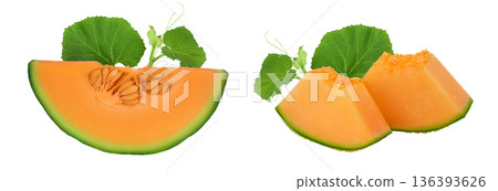 Cantaloupe melon piece isolated on white background with full depth of field. Cantaloupe melon piece isolated on white background with full depth of field. 136393626