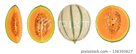 Cantaloupe melon isolated on white background with full depth of field. Top view. Flat lay 136393627