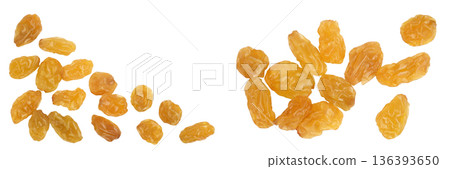 Yellow raisin isolated on white background . Top view with copy space for your text. . Flat lay 136393650