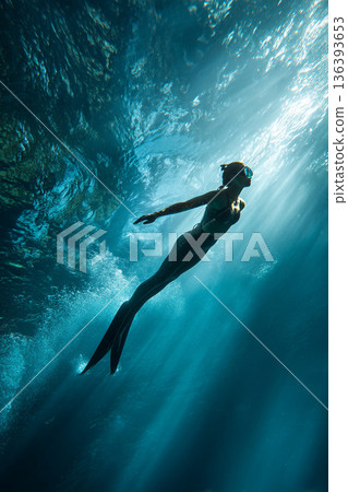 A dynamic shot of a freediver performing a powerful monofin kick, propelling through the water with incredible speed and grace. 136393653