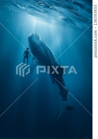 A freediver encountering a majestic whale shark, gently gliding past in the vast expanse of the ocean. 136393655