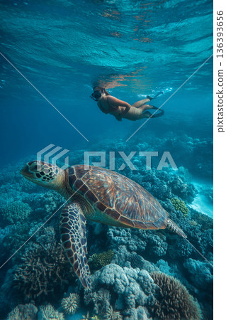A freediver floating alongside a beautiful sea turtle gently navigating coral reefs in tranquil waters. A freediver floating alongside a beautiful sea turtle gently navigating coral reefs in tranquil waters. 136393656