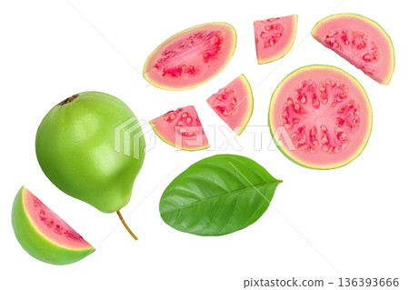 Guava fruit slices isolated on white background with full depth of field. Top view. Flat lay 136393666