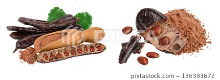 Carob pod and powder in wooden scoop isolated on white background with full depth of field. Carob pod and powder in wooden scoop isolated on white background with full depth of field. 136393672