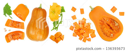 butternut squash slice isolated on white background with full depth of field. Top view. Flat lay butternut squash slice isolated on white background with full depth of field. Top view. Flat lay 136393673