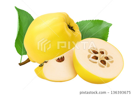 Fresh quince half and slice isolated on the white background with full depth of field Fresh quince half and slice isolated on the white background with full depth of field 136393675