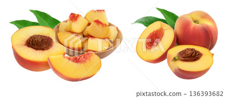Ripe peach fruit slices in wooden bowl isolated on white background with full depth of field Ripe peach fruit slices in wooden bowl isolated on white background with full depth of field 136393682