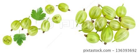 Green gooseberry isolated on white background with full depth of field. Top view with copy space for your text. Flat lay Green gooseberry isolated on white background with full depth of field. Top view with copy space for your text. Flat lay 136393692